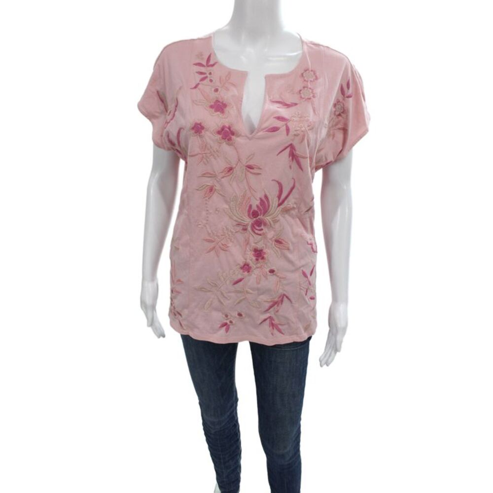 Johnny Was Womens Tunic Blouse Pink Floral V-Neck Short Sleeve Size M